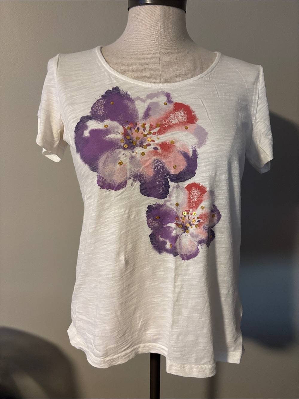 Basic Editions White Short-Sleeve Tee with Purple & Pink Floral Print
